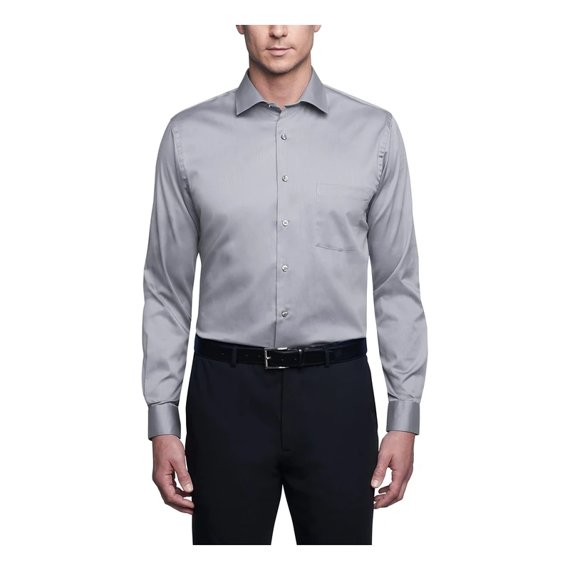 Van Heusen Men's Dress Shirt Regular Fit Flex Collar Stretch Solid, Grey Mist, 17" Neck 36"-37" Sleeve