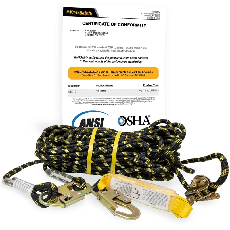 KwikSafety (Charlotte, NC Tsunami (Premium Braided Rope) Vertical Lifeline ANSI OSHA Rope Grab Snap Hook Shock Absorber Fall Protection Line Kit Restraint System Roofing Safety Equipment | 25 FT.
