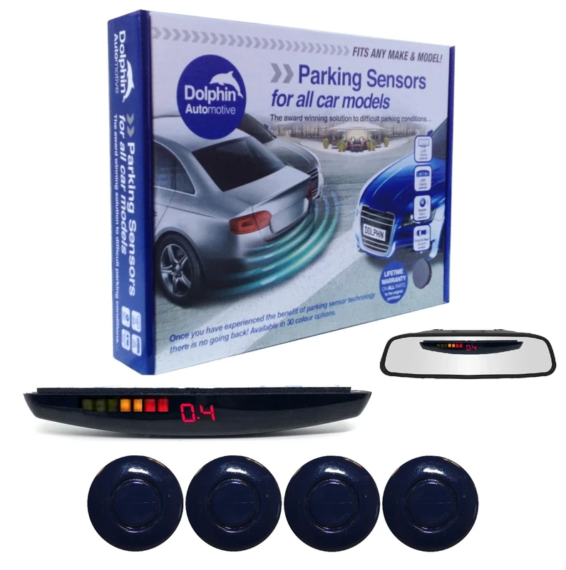 Dolphin DPS455 Reverse Parking Sensors In 32 Colours 4 Ultrasonic Radar Sensors Kit Audio & Rear Roof Mounted Display Alert System Matt & Gloss Black +30 More Colours (Sky Blue)
