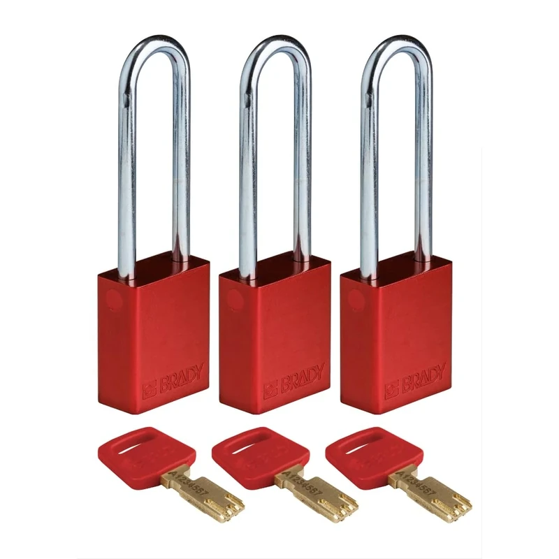 Brady SafeKey Padlock Aluminum 3-pack - Lockout Padlock with Key - Lockout Tagout Security Lock for Indoor and Outdoor Use - Shackle Height 76.20 mm - Keyed Alike - Red
