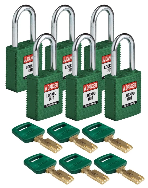 Brady SafeKey Nylon Padlock, Steel Shackle, 38mm x 84mm x 19mm, Green, Pack of 6
