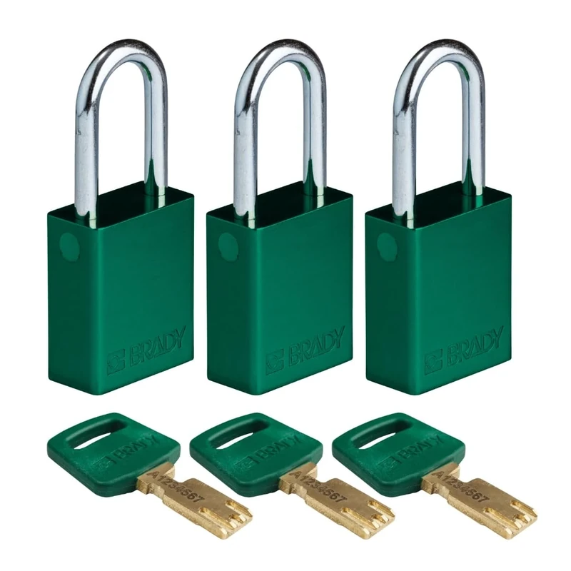 Brady SafeKey Padlock Aluminum 3-pack - Lockout Padlock with Key - Lockout Tagout Security Lock for Indoor and Outdoor Use - Shackle Height 38.10 mm - Keyed Alike - Green