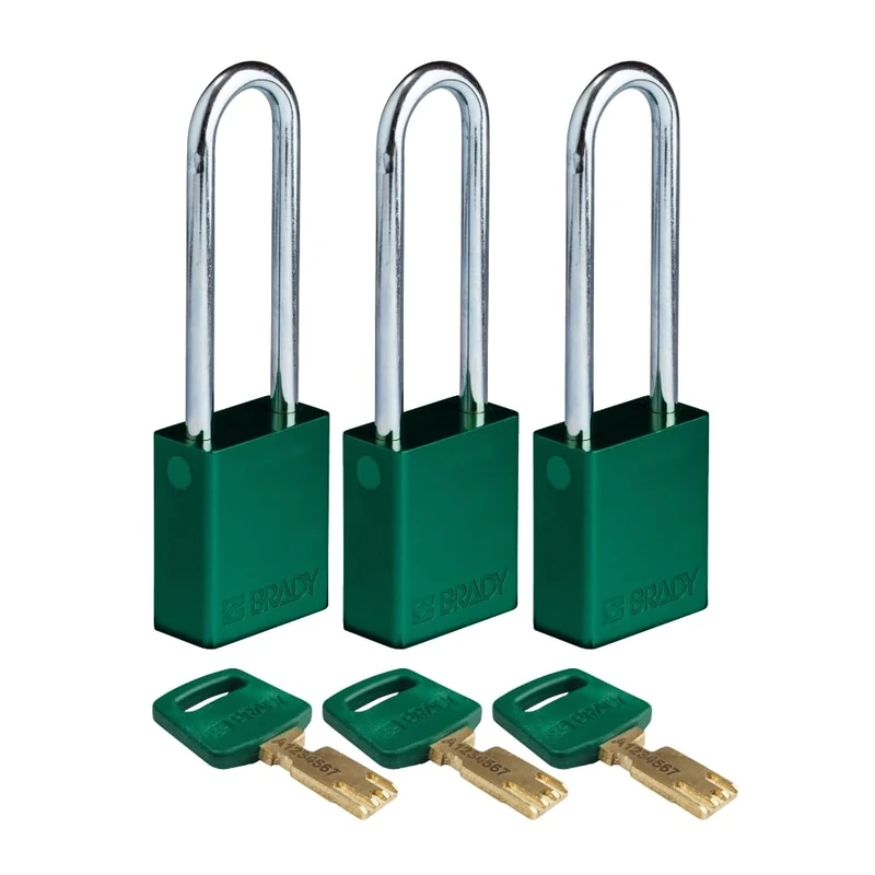 Brady SafeKey Padlock Aluminum 3-pack - Lockout Padlock with Key - Lockout Tagout Security Lock for Indoor and Outdoor Use - Shackle Height 76.20 mm - Keyed Alike - Green