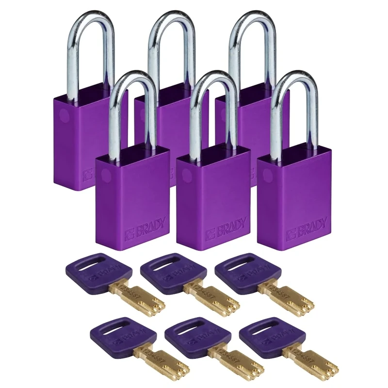 Brady SafeKey Padlock Aluminum 6-pack - Lockout Padlock with Key - Lockout Tagout Security Lock for Indoor and Outdoor Use - Shackle Height 38.10 mm - Keyed Differently - Purple