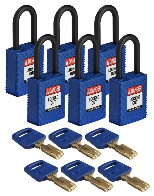 Brady SafeKey Nylon Padlock, Nylon Shackle, 38mm x 84mm x 19mm, Blue, Pack of 6