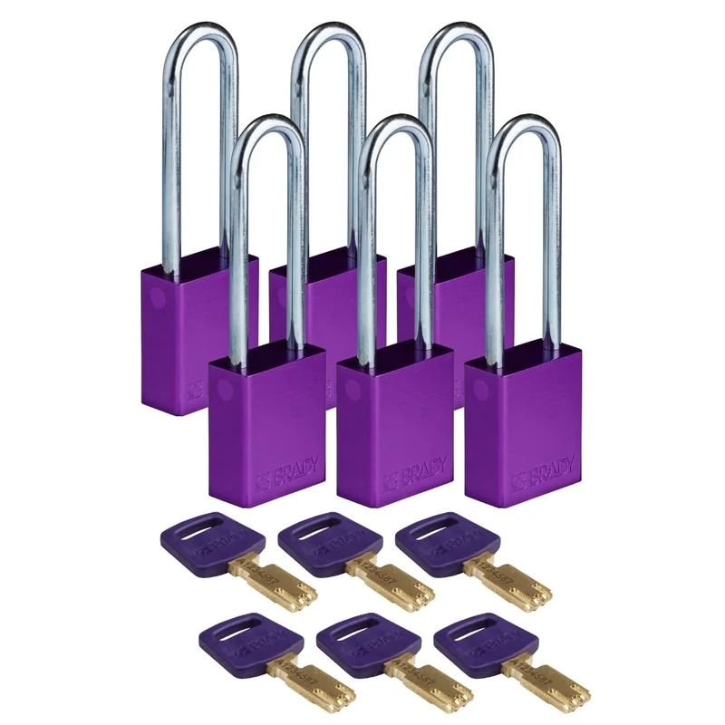 Brady SafeKey Padlock Aluminum 6-pack - Lockout Padlock with Key - Lockout Tagout Security Lock for Indoor and Outdoor Use - Shackle Height 76.20 mm - Keyed Differently - Purple