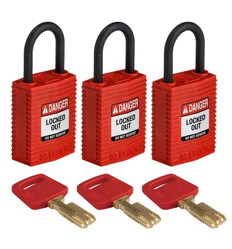 Brady SafeKey Lockout Padlock Nylon Red 1.0" Plastic Shkl Keyed Alike 3 Pk
