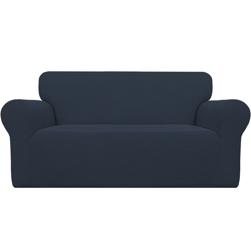Easy-Going Stretch Loveseat Slipcover 1-Piece Sofa Cover Furniture Protector Couch Soft with Elastic Bottom for Kids Polyester Spandex Jacquard Fabric Small Checks (Loveseat, Dark Blue)