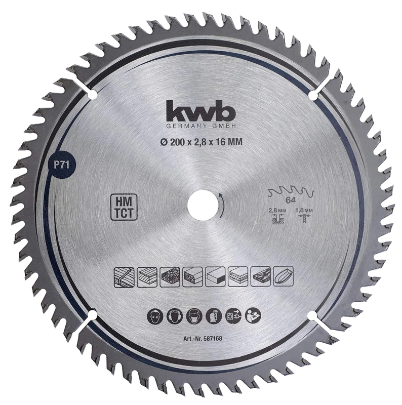 kwb 587168 Joiner's Circular Saw Blade, Wood/Hardwood, 200 x 16 mm cuts, high Number, 64 Teeth Z-64, Precision Saw Blade fine, 200 x 16
