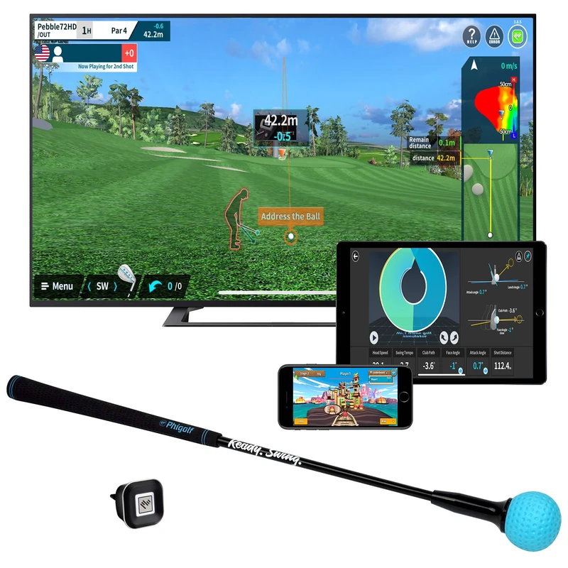 Phigolf Smart Home Golf Simulator – Swing Stick Trainer & Analyzer – Mobile Golf Game Featuring WGT & E6 Connect Apps and Software (iOS & Android Compatible)