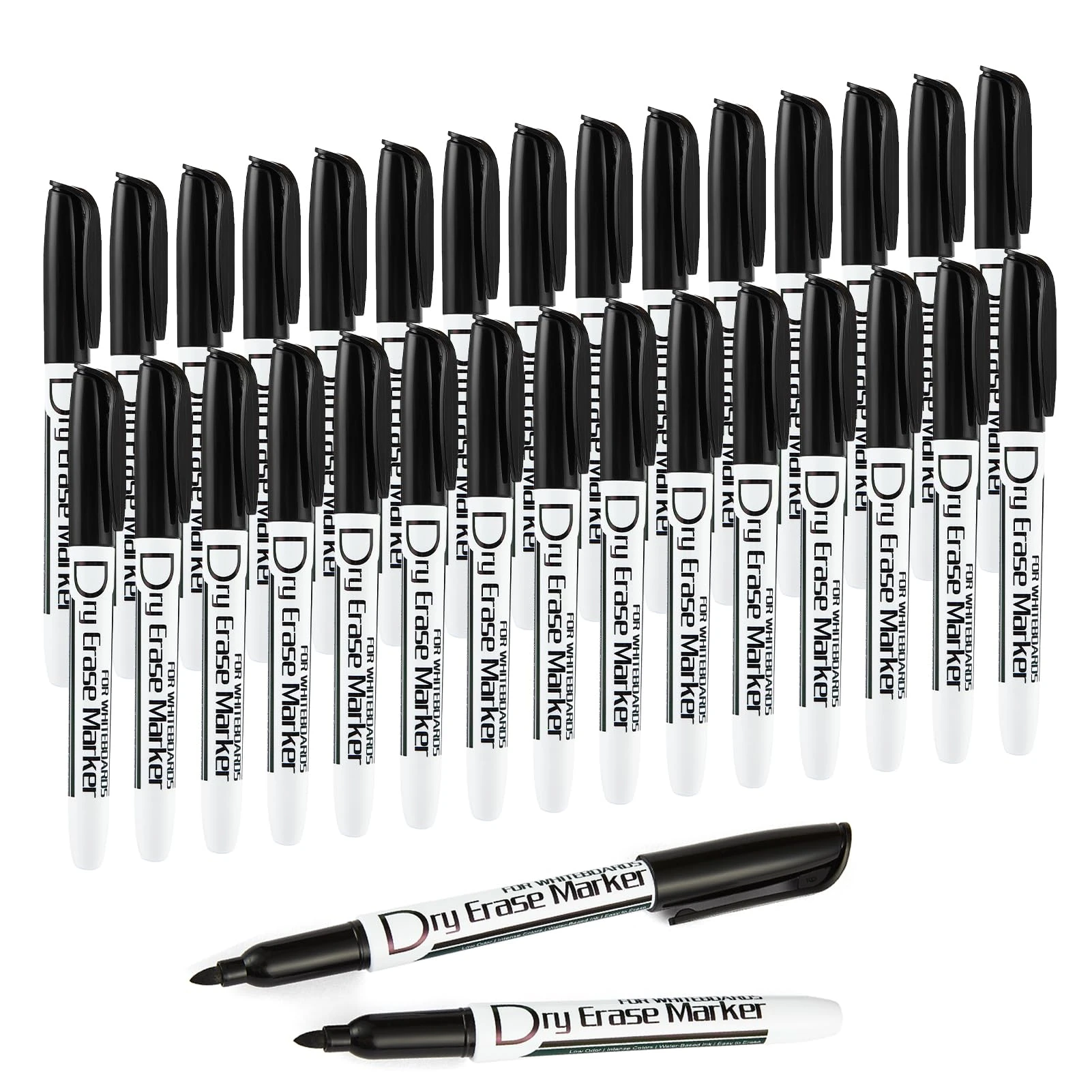 Volcanics Black Whiteboard Pens Dry Erase Marker with Low Odour Fine Tip Pack of 30