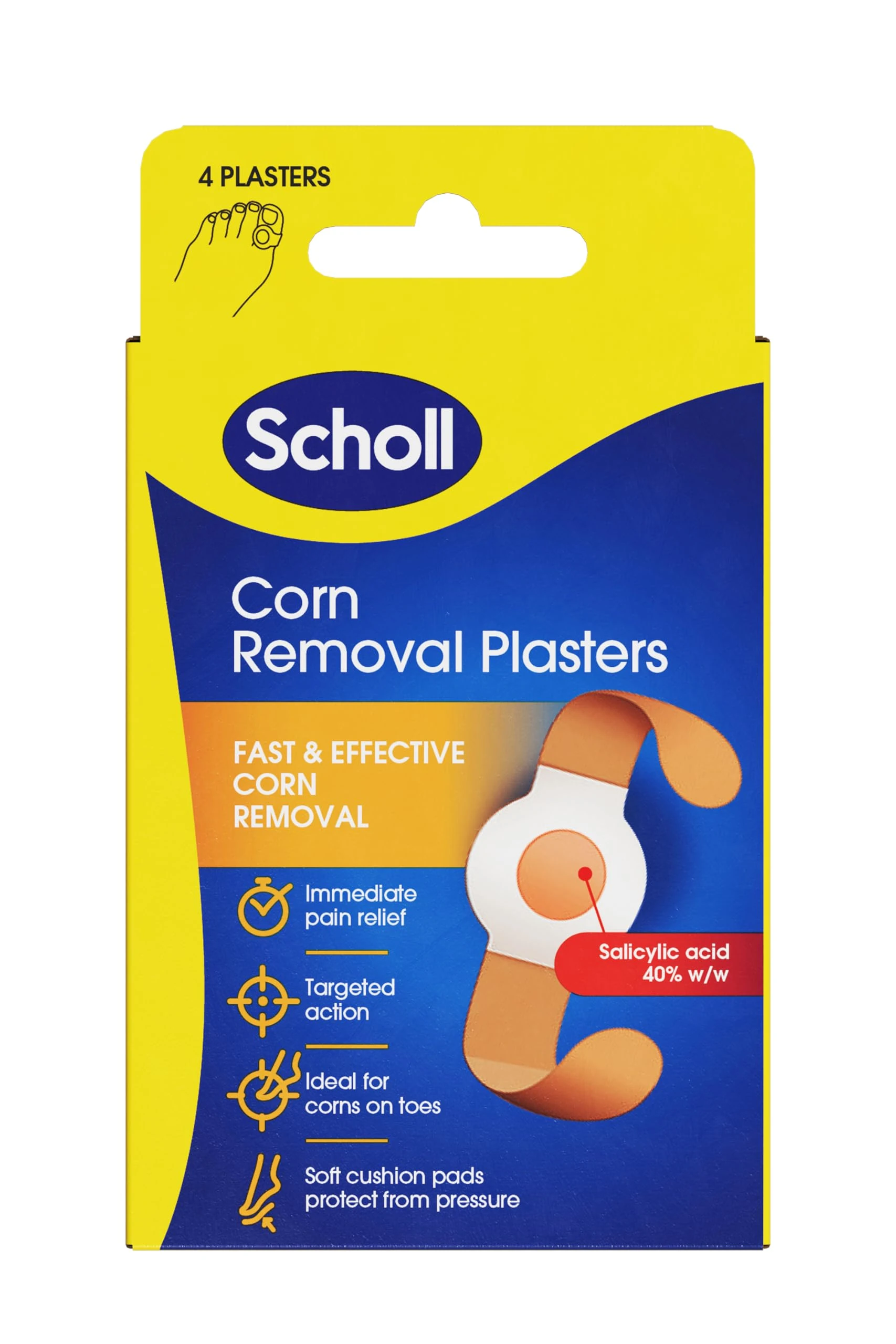Scholl Corn Removal Plasters, Easy-to-Use Treatment, Includes 4 Discs with Salicylic Acid, Delivers Pain Relief & Effective Corn Removal for Foot or Toes
