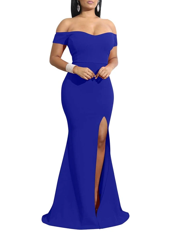 YMDUCH Women's Off Shoulder High Split Long Formal Party Dress Evening Gown, Royal Blue, M
