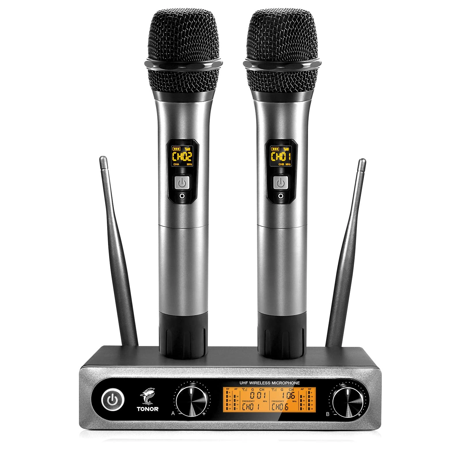 TONOR TW820 Wireless Microphones, Metal Dual Professional UHF Cordless Dynamic Mic, Handheld Mic System with Receiver for Home Karaoke, Meeting, Party, Church, DJ, Wedding, Singing, 200ft, Silver