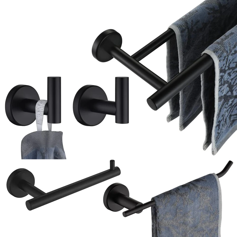 JQK Bathroom Hardware Towel Bar Set, 5-Piece Bath Accessories Set Matte Black Wall Mount Includes 24 in Towel Bar, 9 in HT Bar, TP Holder, Towel Hook x 2, BAS105-PB