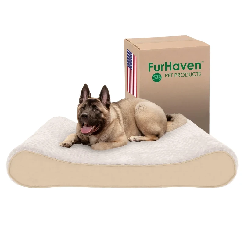 FurHaven Memory Foam Dog Bed for Large Dogs w/Removable Washable Cover, For Dogs Up to 150 lbs - Ultra Plush Faux Fur & Suede Luxe Lounger Contour Mattress - Cream, Jumbo Plus/XXL