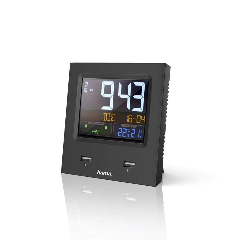 Hama Radio Alarm Clock Digital Dual USB (Digital Alarm Clock with 2x USB Charging Function, Speed Alarm, 2 Alarm Times & Snooze, Display for Date, Indoor Temperature and Humidity) Black - Image 1