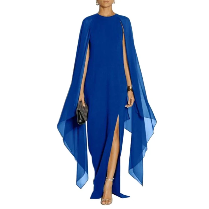 MAYFASEY Women's Elegant High Split Flare Sleeve Formal Evening Gowns Maxi Dress with Cape, Blue, XL