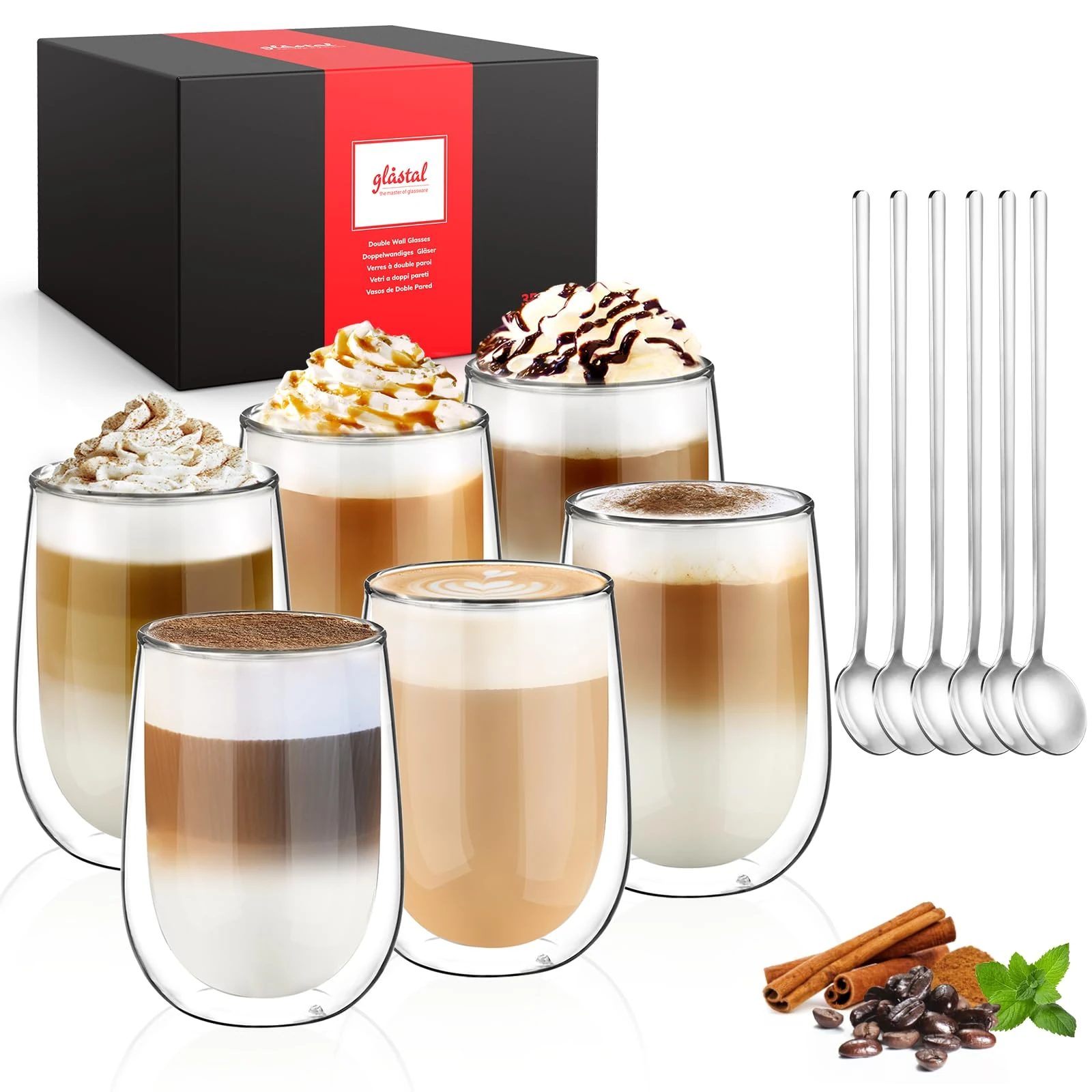 glastal 6x350ml Double Walled Coffee Glasses Mugs Cappuccino Latte Macchiato Glasses Cups for Coffee Tea Milk Juice Ice Cream Borosilicate Heat Resistant Glass Cups