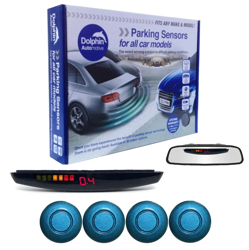 Dolphin DPS455 Reverse Parking Sensors In 32 Colours 4 Ultrasonic Radar Sensors Kit Audio & Rear Roof Mounted Display Alert System Matt & Gloss Black +30 More Colours (Electric Blue)