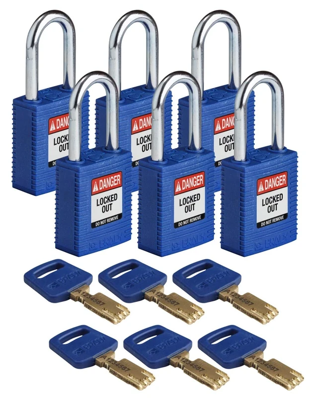 Brady SafeKey Nylon Padlock, Steel Shackle, 38mm x 84mm x 19mm, Blue, Pack of 6