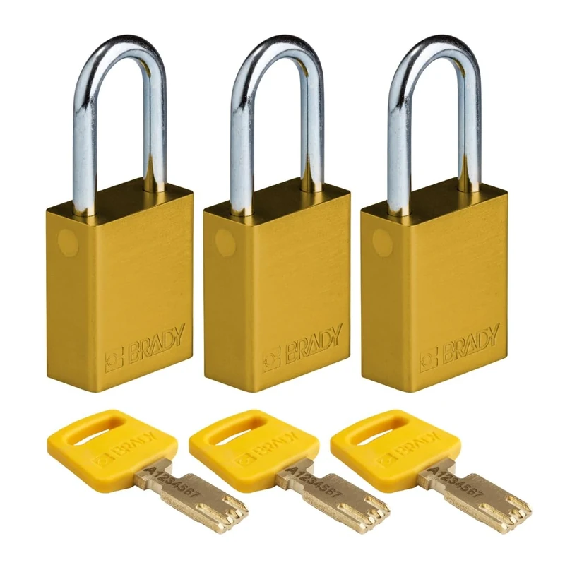 Brady SafeKey Padlock Aluminum 3-pack - Lockout Padlock with Key - Lockout Tagout Security Lock for Indoor and Outdoor Use - Shackle Height 38.10 mm - Keyed Alike - Yellow
