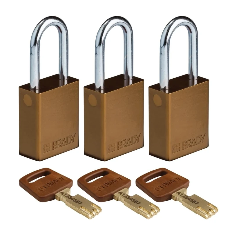 Brady SafeKey Padlock Aluminum 3-pack - Lockout Padlock with Key - Lockout Tagout Security Lock for Indoor and Outdoor Use - Shackle Height 38.10 mm - Keyed Alike - Brown