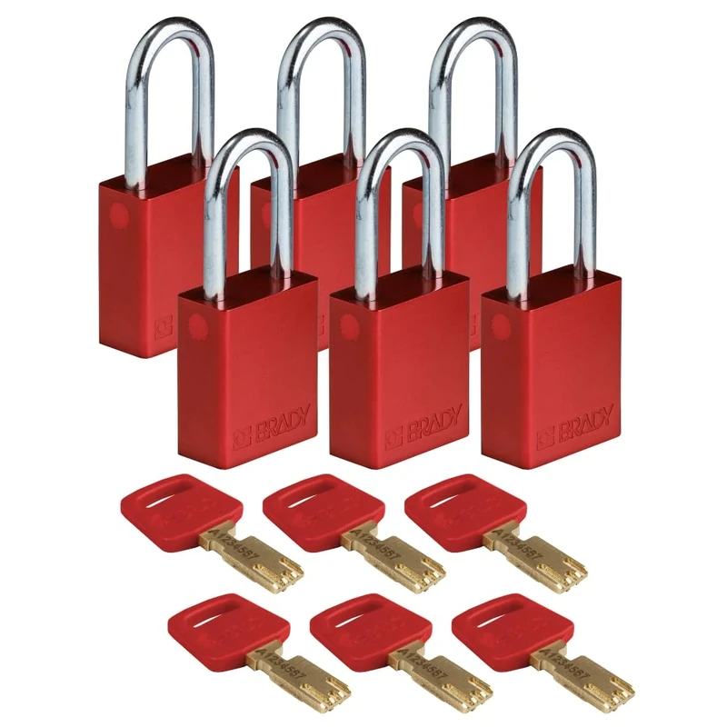 Brady SafeKey Padlock Aluminum 6-pack - Lockout Padlock with Key - Lockout Tagout Security Lock for Indoor and Outdoor Use - Shackle Height 38.10 mm - Keyed Differently - Red