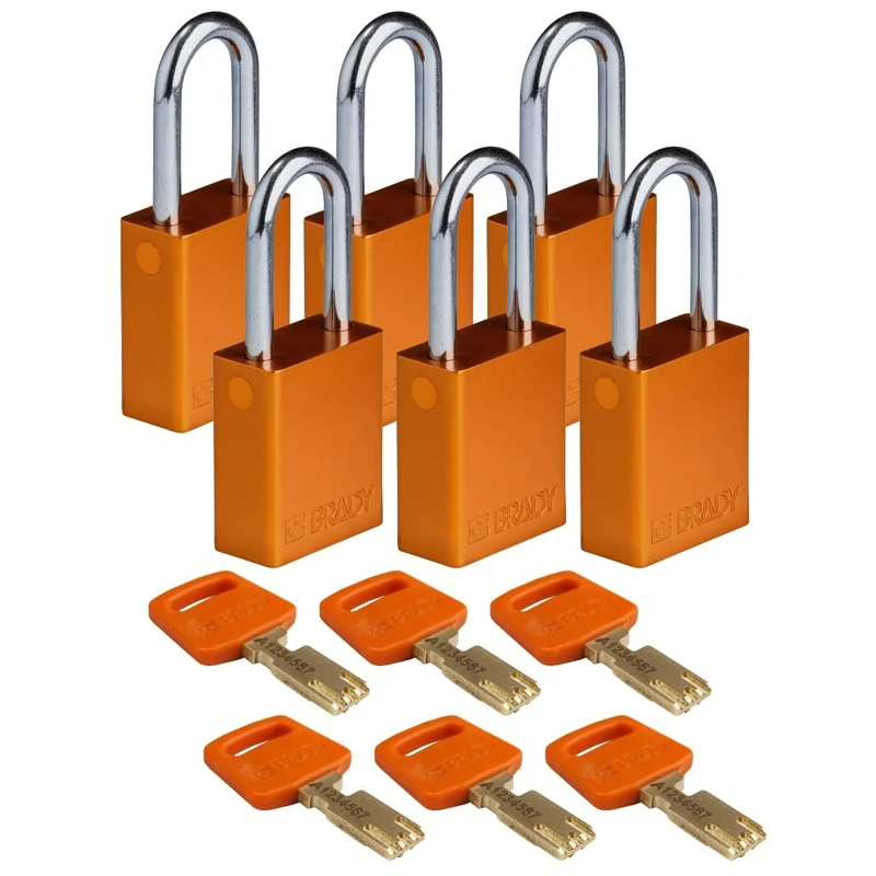 Brady SafeKey Padlock Aluminum 6-pack - Lockout Padlock with Key - Lockout Tagout Security Lock for Indoor and Outdoor Use - Shackle Height 38.10 mm - Keyed Differently - Orange