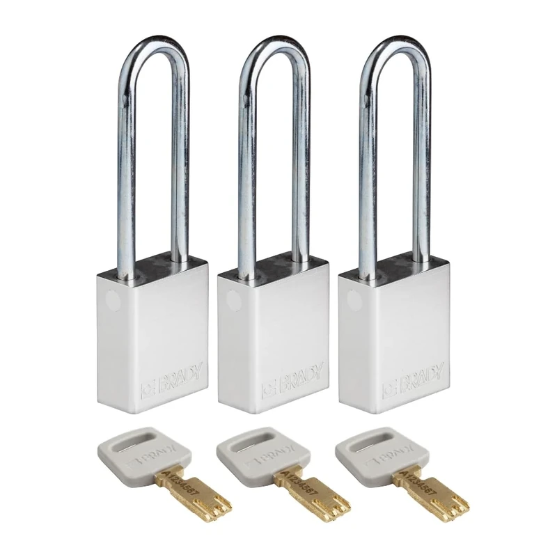 Brady SafeKey Padlock Aluminum 3-pack - Lockout Padlock with Key - Lockout Tagout Security Lock for Indoor and Outdoor Use - Shackle Height 76.20 mm - Keyed Alike - Silver