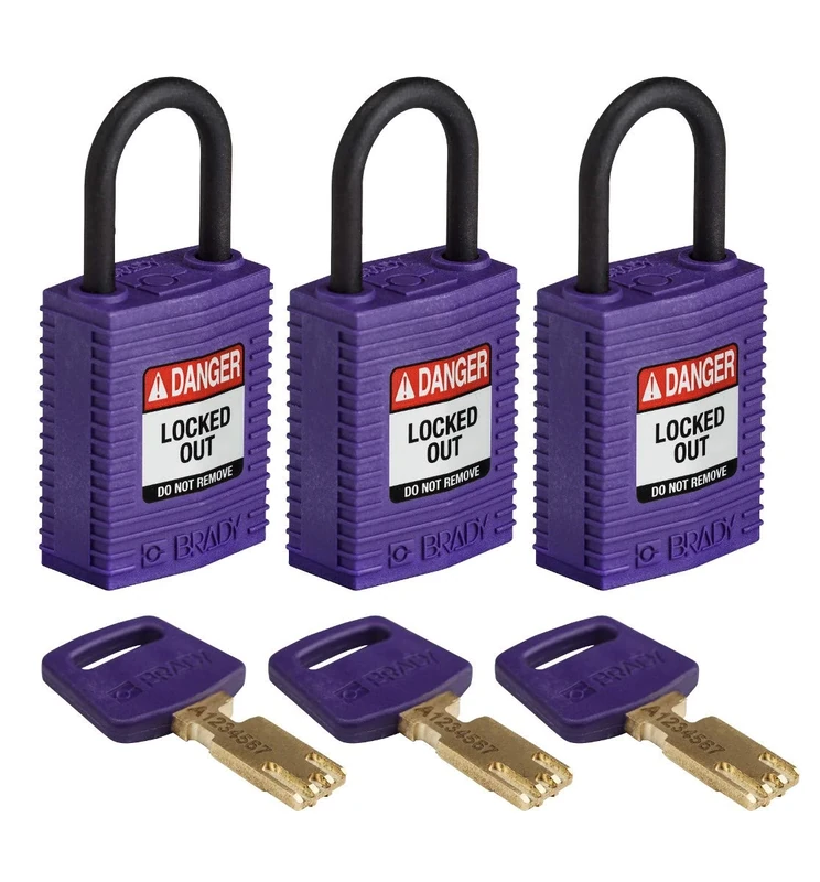 Brady SafeKey Lockout Padlock Nylon Purple 1.0" Plastic Shkl Keyed Alike 3 Pk