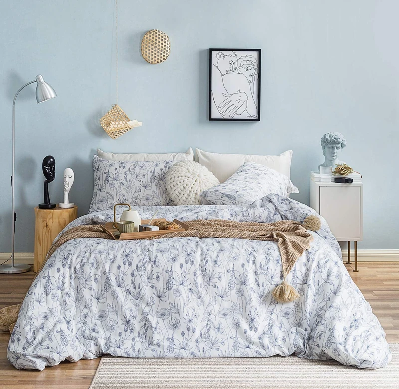 SUSYBAO Blue Floral Duvet Cover Queen 100% Cotton White Flower Duvet Cover Set 3 Pieces 1 Navy Botanical Duvet Cover with Zipper Ties 2 Pillowcases Luxury Quality Soft Vintage Floral Bedding Set