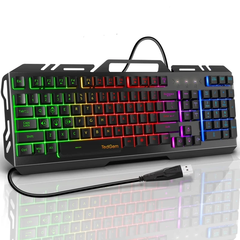 TedGem Wired Gaming Keyboard with All-Metal Panel, LED Backlit, Spill-Resistant for Windows Gamer Desktop