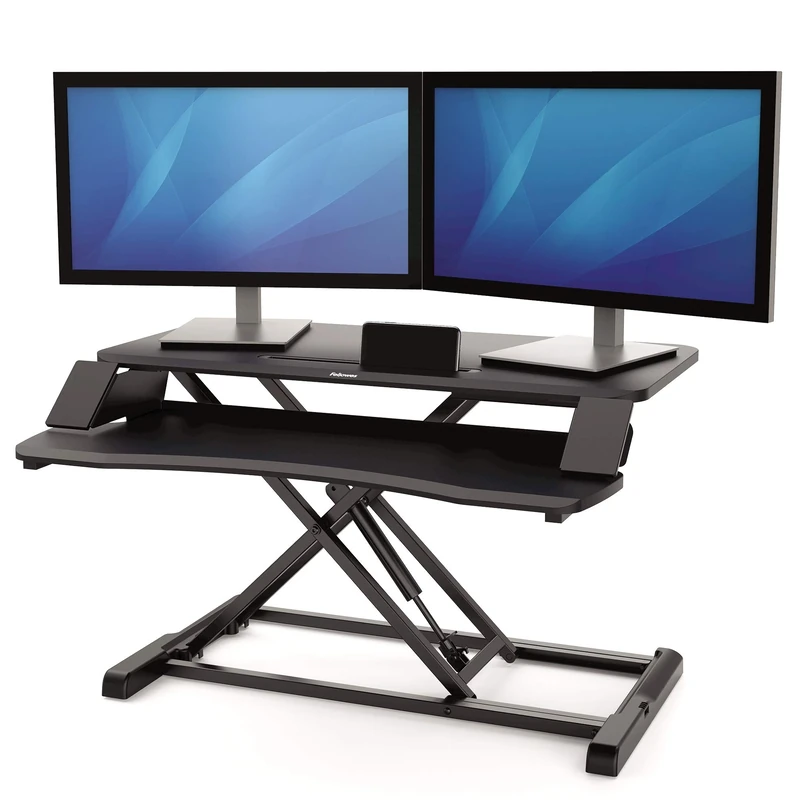 Fellowes Corsivo Easy To Assemble Height Adjustable Standing Desk Converter for Home and Office - Free Standing Sit Stand Desk for Dual Monitors or Laptop and Monitor - Max Weight 17KG - Black