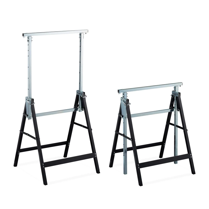 Relaxdays Folding Saw Horse Set of 2, Sturdy Trestle Stand, Up to 200 kg, Height-Adjustable, 80-130 cm, Black-Silver