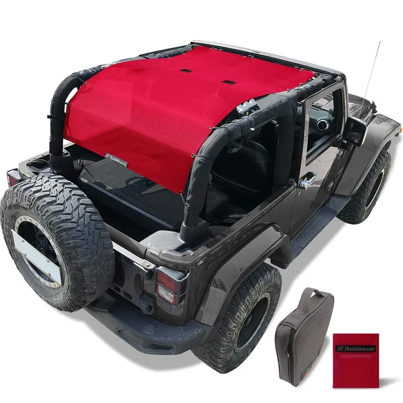 Shadeidea Sun Shade for Jeep Wrangler JK (2007-2018) 2 Door Sunshade Top Front+Rear+Trunk-Cherry Red Mesh Screen Cover UV Blocker with Grab Bag Storage Pouch-10 Years Lasting