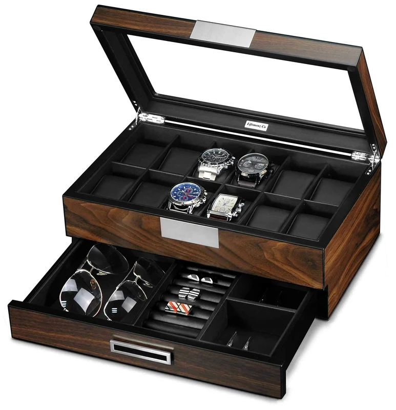 Lifomenz Co Wooden Watch Box Watch Jewelry Box Organizer with Valet Drawer,12 Slot Watch Display Case Holder Large Watch, Accessories Organizer with Real Glass Window Top Walnut