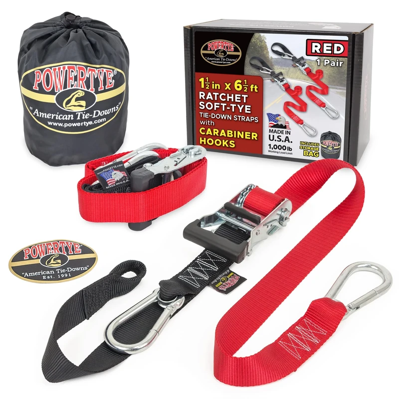 Powertye 1.5in x 6.5ft Heavy Duty Ratchet Tie-Down Straps with Soft-Tye, Carabiner Hooks - 1,000 lb Working Load Limit / 3,000 lb Breaking Strength - Made in USA - Red/Black Pair + Storage Bag