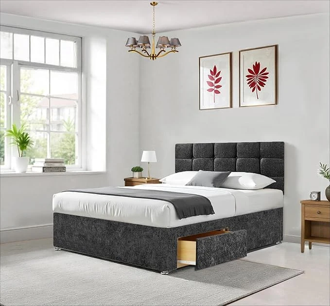 Divan Beds Deals - King Size Charcoal Chenille Fabric Bed with 20" Cubic Headboard | 10" Spring Memory Foam Mattress | 2 Spacious Storage Drawers | Luxurious & Durable Design