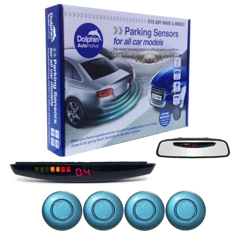 Dolphin DPS455 Reverse Parking Sensors In 32 Colours 4 Ultrasonic Radar Sensors Kit Audio & Rear Roof Mounted Display Alert System Matt & Gloss Black +30 More Colours (Light Blue)