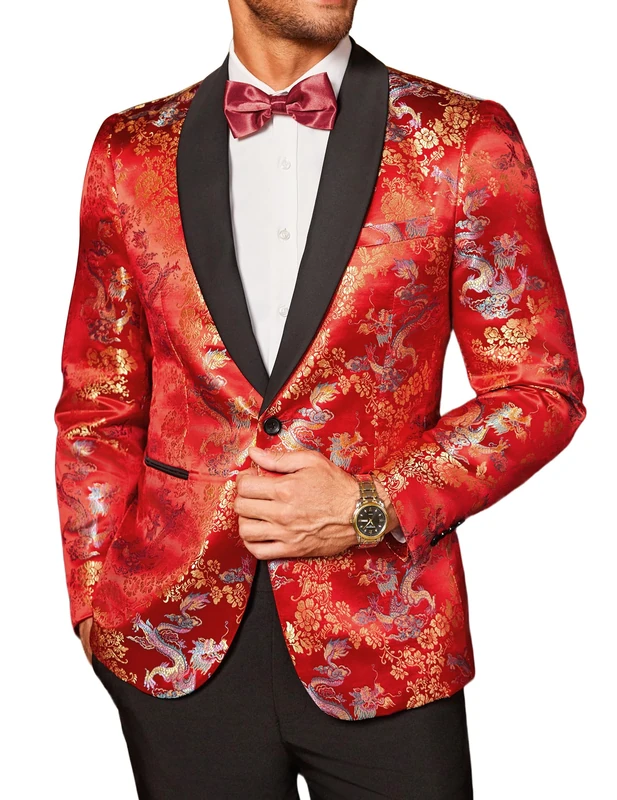 COOFANDY Men's Floral Dress Suit Luxury Embroidered Wedding Blazer Dinner Tuxedo Jacket for Party, Red, S