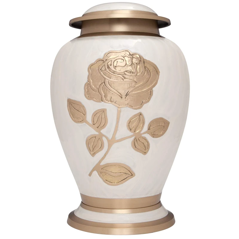 Silver Rose Cremation Urn - Funeral Urn with Large Flower on Enamel - Burial Urn for Human Ashes Adult Size - 100% Brass (White-Gold)