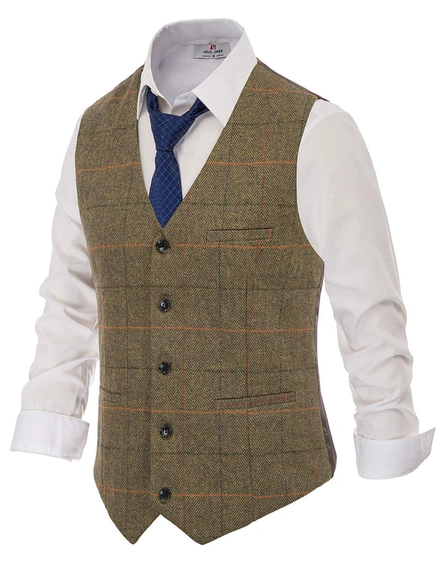 PJ PAUL JONES Men's Herringbone Tweed Suit Vest Casual Wool Blend Waistcoat, Coffee(plaid), Large - Image 1