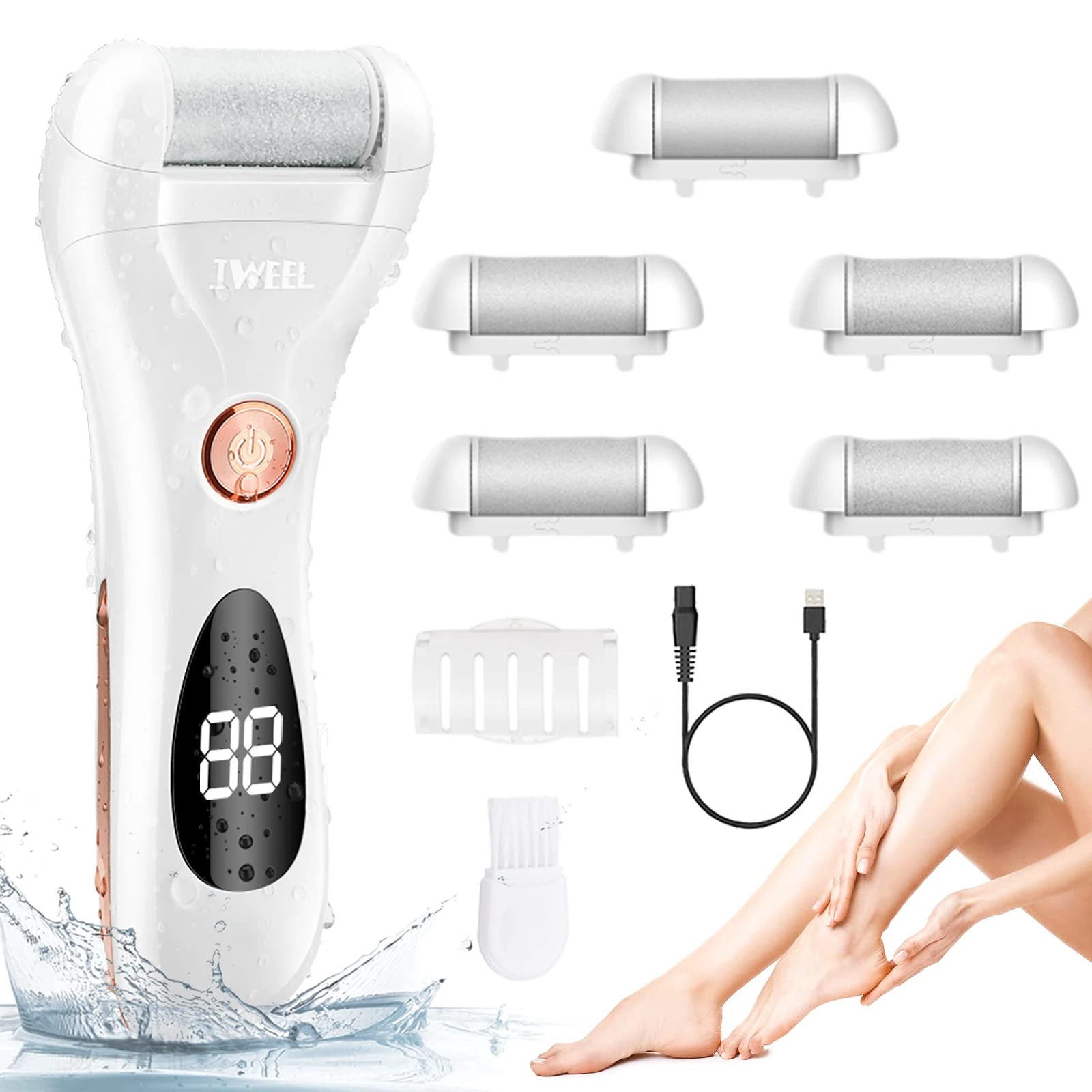 Electric Foot File Pedicure Remover feet Hard Skin Shaver Rechargeable Waterproof Tools Foot Scrubber Pedicure kit for Cracked Heels and Dead Skin with 5 Replacement Head