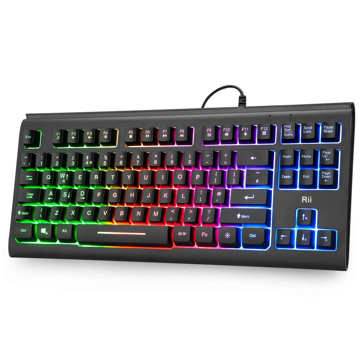 Rii RK104 Gaming keyboard No Numpad Backlit LED Rainbow Colors USB Wired Keyboard with Multimedia Keys UK Layout