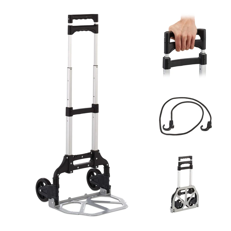 Relaxdays Hand Truck Foldable, Transportation Cart Up to 70 kg, PU Wheels, Height Adjustable, Dolly for Stairs, Silver