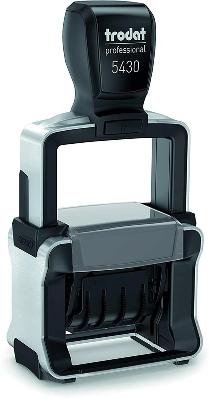 Trodat Professional 5430/L Date Stamp 41 x 24 mm, Date Format in Italian GG MMM (Letters) AAAA + 3 Commercial Texts: Received - Paid - Registered, Blue/Red Ink, Stainless Steel Structure