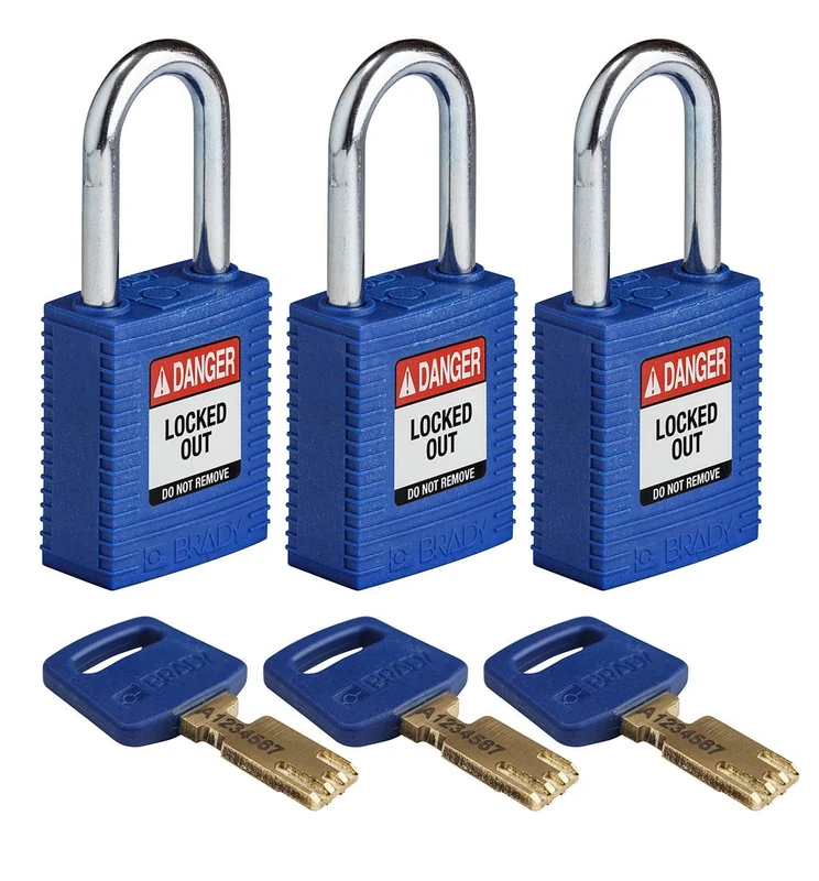 SafeKey Nylon/Steel Padlock, 38mm x 84mm x 19mm, Blue, Pack of 3