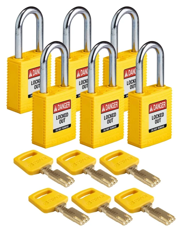 Brady SafeKey Nylon Padlock, Steel Shackle, 38mm x 84mm x 19mm, Yellow, Pack of 6