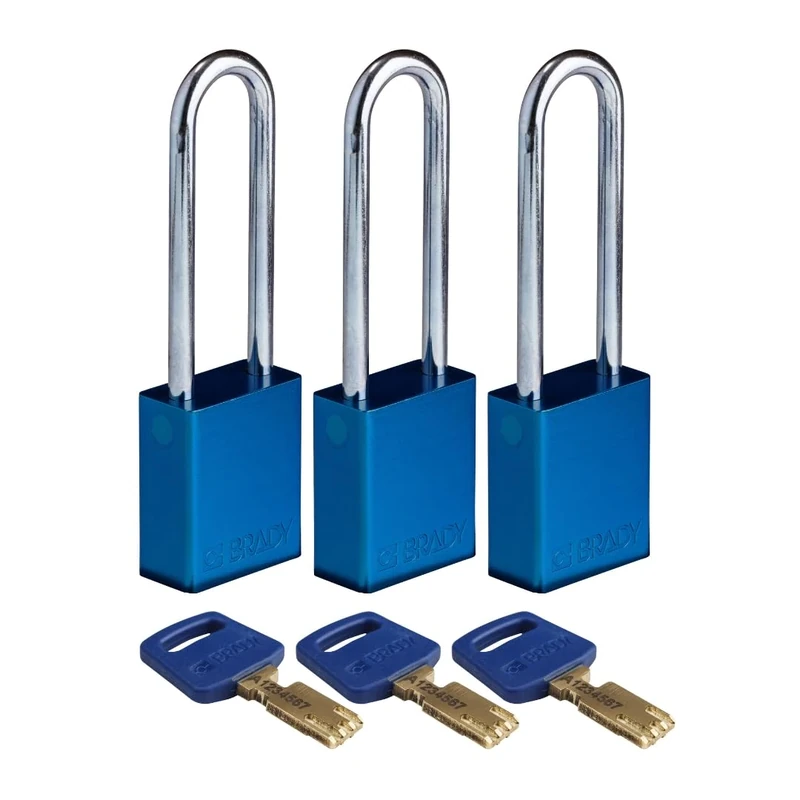 Brady SafeKey Padlock Aluminum 3-pack - Lockout Padlock with Key - Lockout Tagout Security Lock for Indoor and Outdoor Use - Shackle Height 76.20 mm - Keyed Alike - Blue